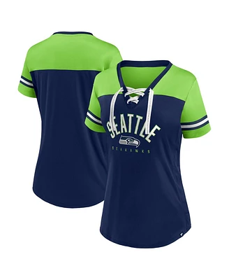 Women's Fanatics College Navy, Neon Green Seattle Seahawks Blitz and Glam Lace-Up V-Neck Jersey T-shirt