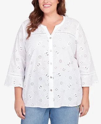 Alfred Dunner Plus Full Bloom Butterfly Eyelet Button Front Shirt
