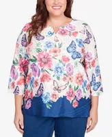 Alfred Dunner Plus Full Bloom Floral Butterfly Border Split Neck Top