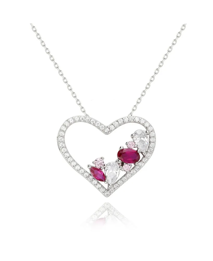 Suzy Levian Sterling Silver Cubic Zirconia Open Heart Mix Cut Cluster Pendant Necklace