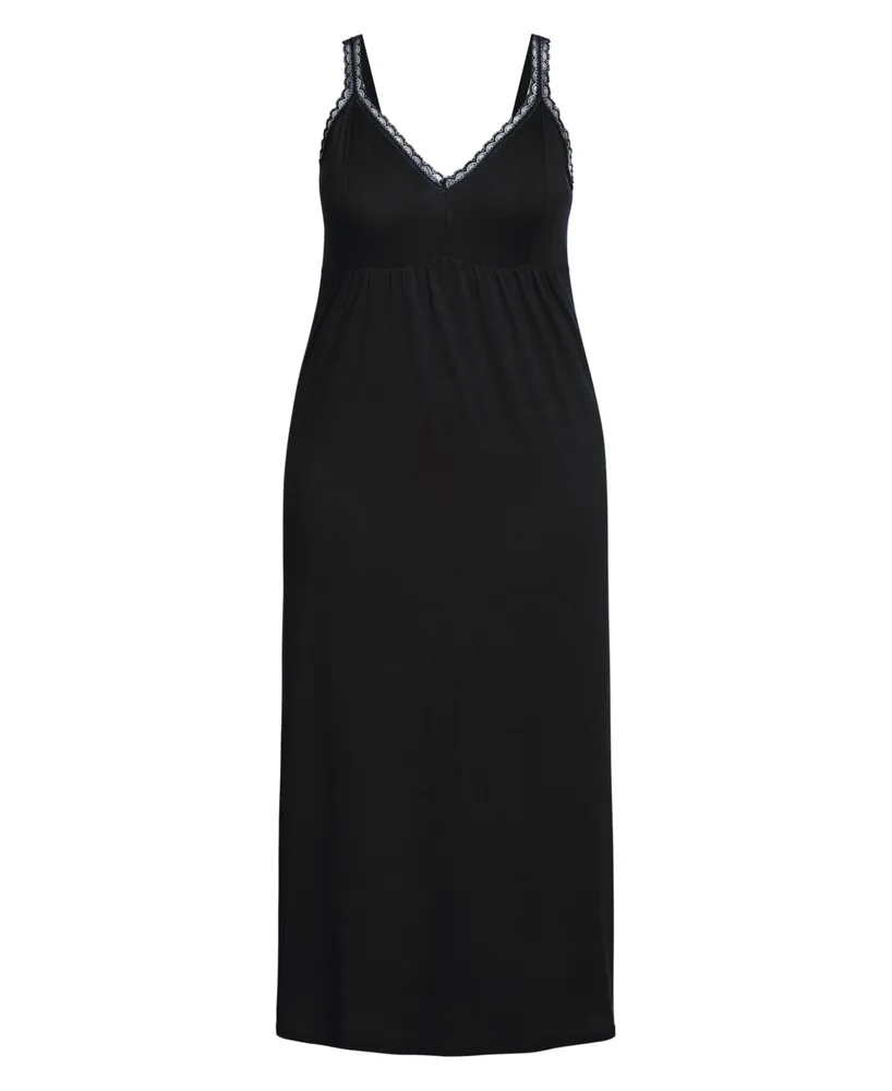 Womens Plus size Lace Trim Maxi Sleep Dress - black
