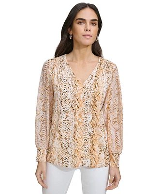 Calvin Klein Women's Printed V-Neck Blouson-Sleeve Top