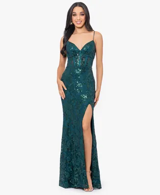 Blondie Nites Juniors' Sequined Lace Corset Gown