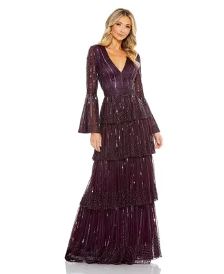 Women's Embellished Bell Sleeve Tiered Gown