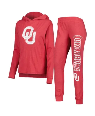 Women's Concepts Sport Crimson Distressed Oklahoma Sooners Long Sleeve Hoodie T-shirt and Pants Sleep Set