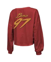 Women's Majestic Threads Nick Bosa Scarlet Distressed San Francisco 49ers Name and Number Script Off-Shoulder Cropped Long Sleeve T-shirt