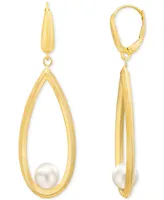 Cultured Freshwater Pearl (7-8mm) Open Teardrop Drop Leverback Earrings in 14k Gold