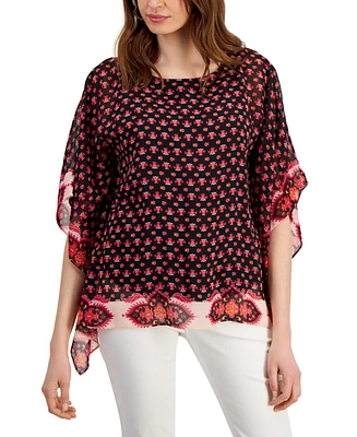 Jm Collection Women's Border-Print Poncho Top, Created for Macy's