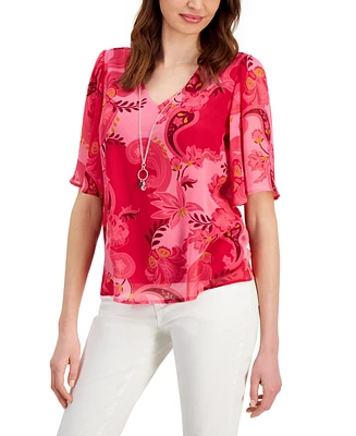 Jm Collection Women's Printed Short Sleeve Necklace Top, Created for Macy's