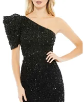 Women's Embellished Puff One Shoulder Column Gown