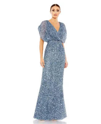 Mac Duggal Women's Draped Sleeve V Neck Gown