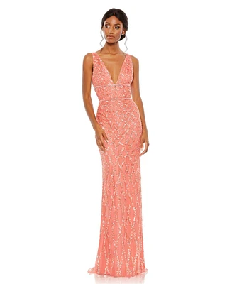 Women's Sequined Plunge Neck Sleeveless Column Gown