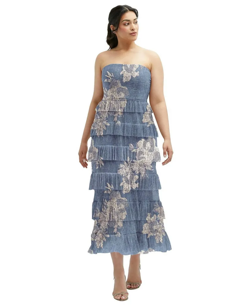Women's Ruffle Tiered Skirt Metallic Pleated Strapless Midi Dress with Floral Gold Foil Print