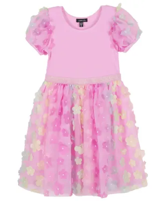 Pink & Violet Little Girls Solid Rib Bodice with 3D Flower Skirt and Puff Sleeves Dress