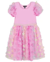 Pink & Violet Little Girls Solid Rib Bodice with 3D Flower Skirt and Puff Sleeves Dress