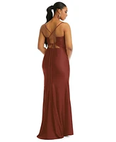 Cowl-Neck Open Tie-Back Stretch Satin Mermaid Dress with Slight Train