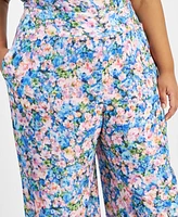 Bar Iii Trendy Plus Size Textured Floral Wide-Leg Pants, Created for Macy's