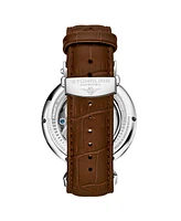 Stuhrling Men's Automatic Dual Time Alloy Case Skeleton Dial Alligator Embossed Genuine Leather Strap Watch