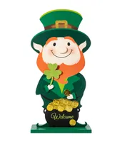 Glitzhome 23.5" H St. Patrick's Wooden Leprechaun Pot of Gold-Tone Porch Decor