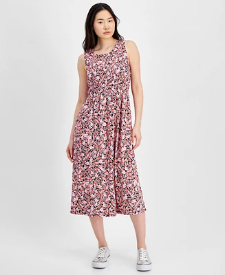 Tommy Hilfiger Women's Floral Print Smocked Sleeveless Midi Dress
