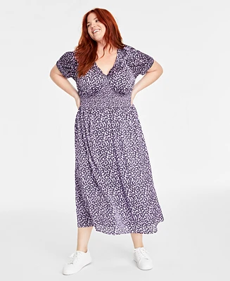 On 34th Trendy Plus Size Printed V-Neck Short-Sleeve Midi Dress, Created for Macy's