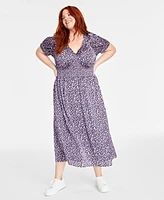 On 34th Trendy Plus Printed V-Neck Short-Sleeve Midi Dress, Created for Macy's