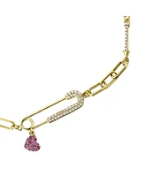 Gigi Girl Kid's/Young Teen 14k Gold Plated with Pink & Cubic Zirconia Safety Pin Dangle Heart Charm Adjustable Bracelet