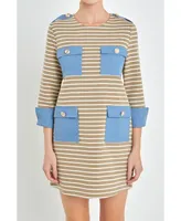 Women's Striped Jersey Knit Dress With Denim Pockets