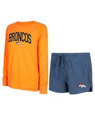 Women's Concepts Sport Navy, Orange Denver Broncos Raglan Long Sleeve T-shirt and Shorts Lounge Set