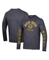 Men's Champion Heather Black Distressed Boston Bruins Multi-Logo Tri-Blend Long Sleeve T-shirt