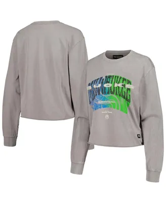 Women's The Wild Collective Gray Distressed Milwaukee Bucks Band Cropped Long Sleeve T-shirt