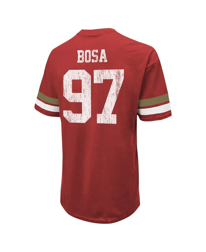 Men's Majestic Threads Nick Bosa Scarlet Distressed San Francisco 49ers Name and Number Oversize Fit T-shirt