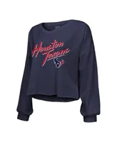 Women's Majestic Threads C.j. Stroud Navy Distressed Houston Texans Name and Number Script Off-Shoulder Cropped Long Sleeve T-shirt