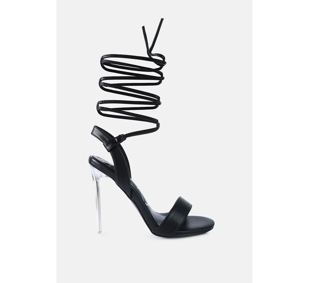 Women's Sheeny Clear Stiletto Lace Up Heels Sandals