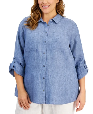 Charter Club Plus 100% Linen Roll-Tab Shirt, Created for Macy's