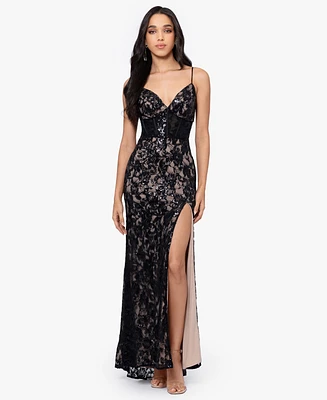 Blondie Nites Juniors' Sequined Lace Corset Gown