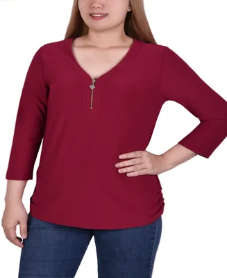 Plus Size Long Sleeve Crepe Knit V-Neck Top with Zipper