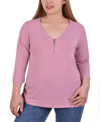 Plus Size Long Sleeve Crepe Knit V-Neck Top with Zipper