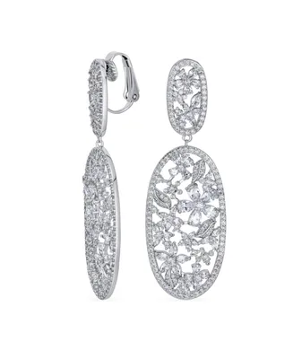 Bling Jewelry Large Cubic Zirconia Flower Leaf Oval Long Statement Cz Bouquet Chandelier Dangle Clip On Earrings Prom Rhodium Plated Brass