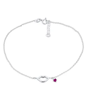 Lover Sexy Kissing Lip Red Heart Cz Charm Anklet Link Ankle Bracelet For Women Teen For Girlfriend .925 Sterling Silver 9-10 Inch Adjustable