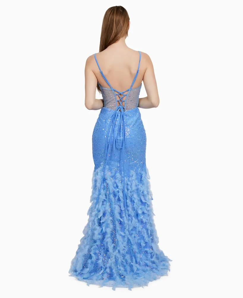 Dear Moon Juniors' Embellished Illusion-Corset Feather-Skirt Gown