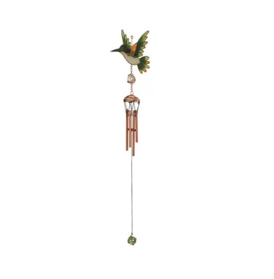 24" Long Green Hummingbird Copper and Gem Wind Chime Home Decor Perfect Gift for House Warming, Holidays and Birthdays - Multi