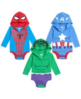 Infant Boys Marvel Avengers Hulk Captain America Spider-Man 3 Pack Cosplay Bodysuits Multicolored