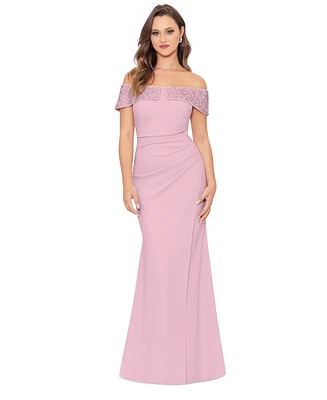 Betsy & Adam Petite Beaded Off-The-Shoulder Gown