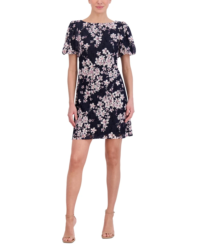 Jessica Howard Women's Printed Puff-Sleeve Lace Sheath Dress