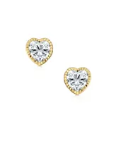 Tiny Real 14K Yellow Gold Heart Cubic Zirconia Textured Cz Bezel Set Stud Earrings For Women For Girlfriend