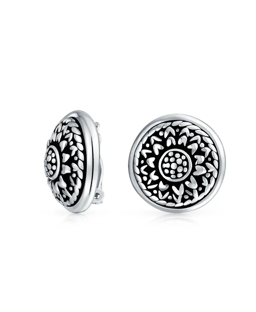 Bling Jewelry Bali Style Lightweight Medallion Round Disc Flower Sunflower Clip On Earrings For Women Non Pierced Oxidized Sterling Silver