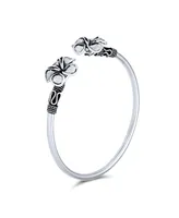 Bali Style Plumeria Flower Tips Stacking Bangle Bypass Cuff Bracelet For Women For Teen Oxidized .925 Sterling Silver