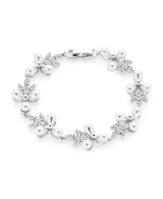 Bridal Wedding Multi Flowers Cz Leaf Genuine White Freshwater Cultured Pearl Bracelet For Women 7 Inch