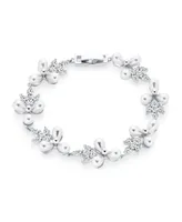 Bling Jewelry Multi Flowers Cz Leaf White Freshwater Cultured Pearl Bracelet For Women 7 Inch